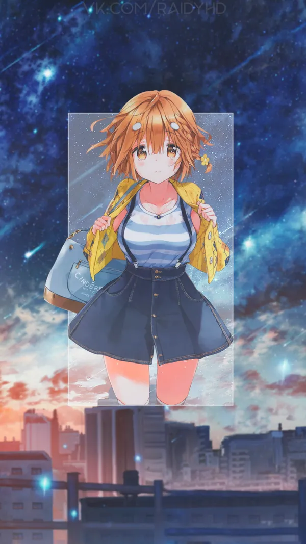 Anime girl with short hair and yellow eyes is shown in the photo. She is