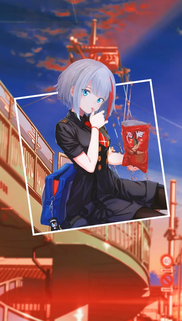 Anime girl with short white hair eating a snack