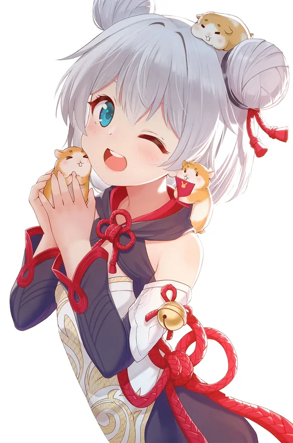 Anime girl with three hamsters on her head and shoulders