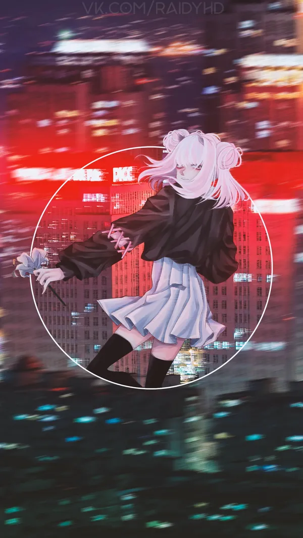 Anime girl with white hair and black jacket standing in the middle of a busy