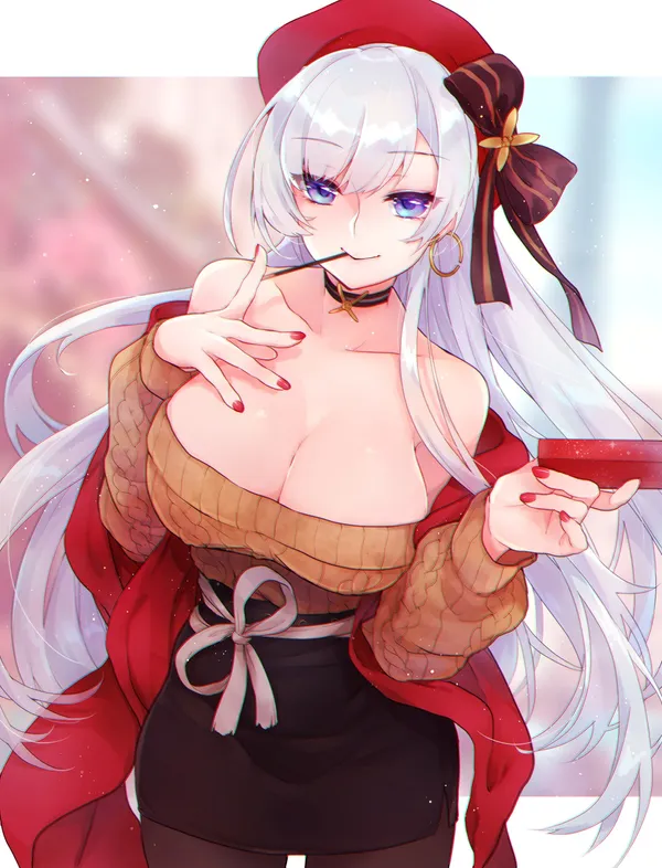 Anime girl with white hair and blue eyes is holding a box of chocolates