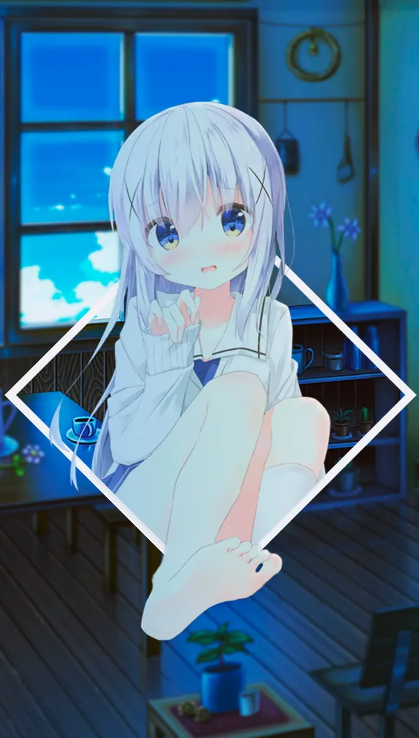 Anime girl with white hair and blue eyes is sitting on a chair in a