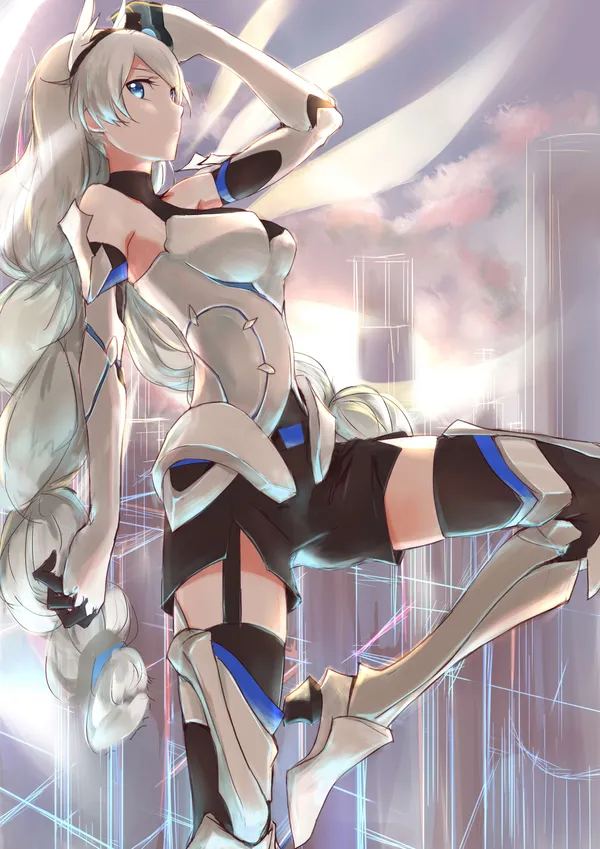 Anime girl with white hair and blue eyes posing in a futuristic city