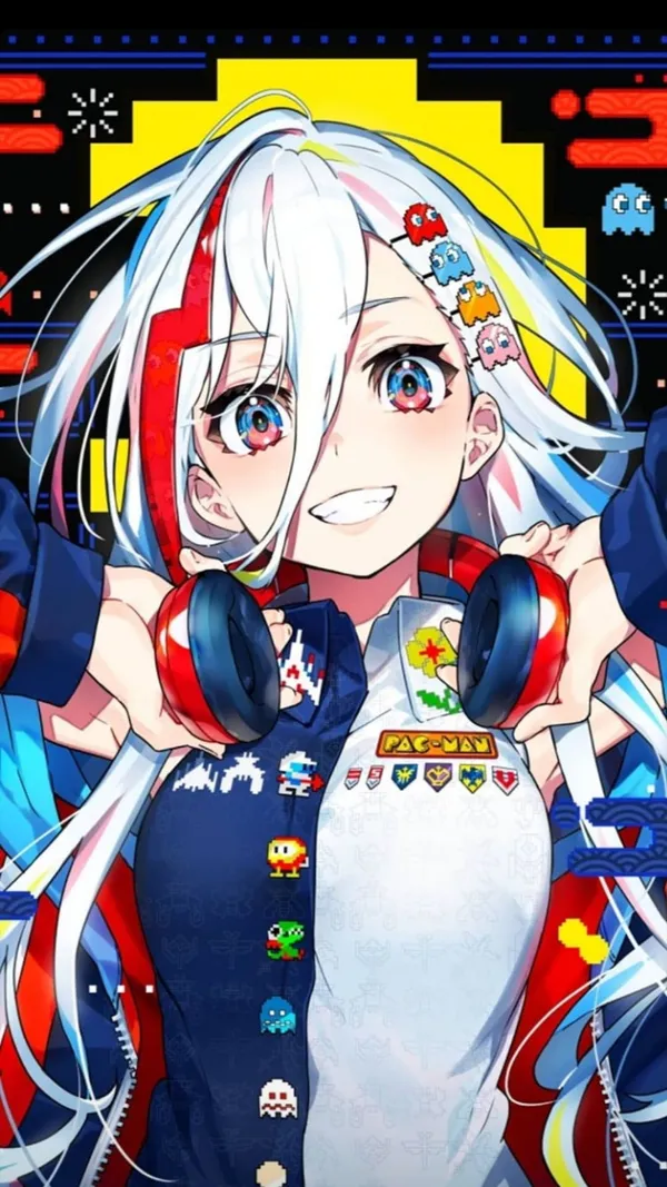 Anime girl with white hair and blue eyes, wearing a blue and white jacket