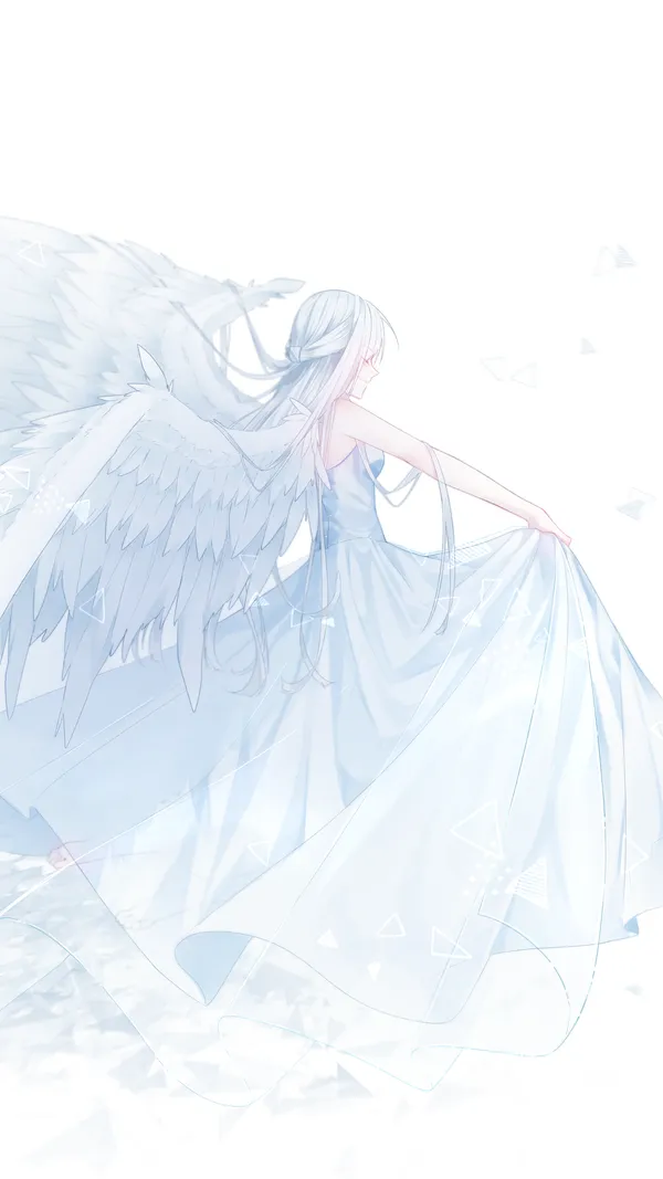 Anime girl with white hair and blue eyes wearing a white dress with angel wings