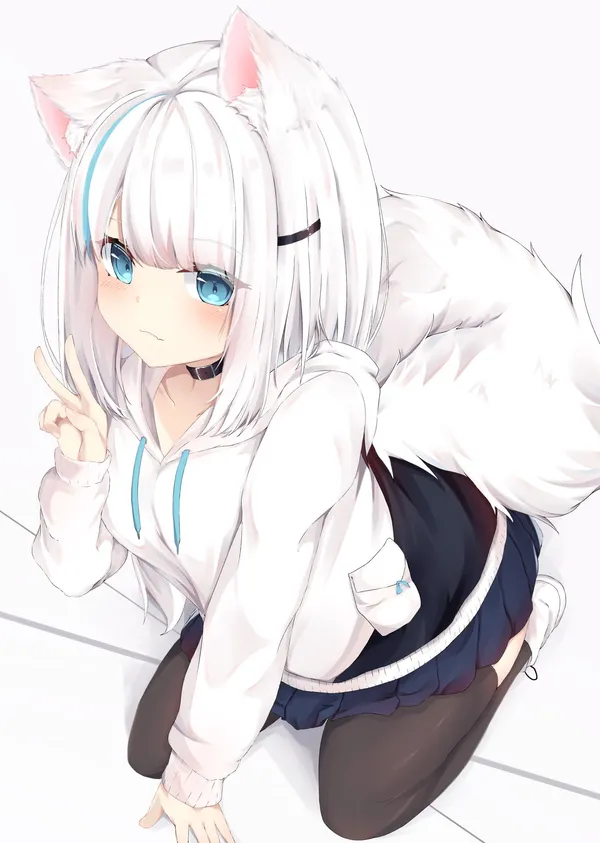 Anime girl with white hair and blue eyes, wearing a white hoodie and black skirt
