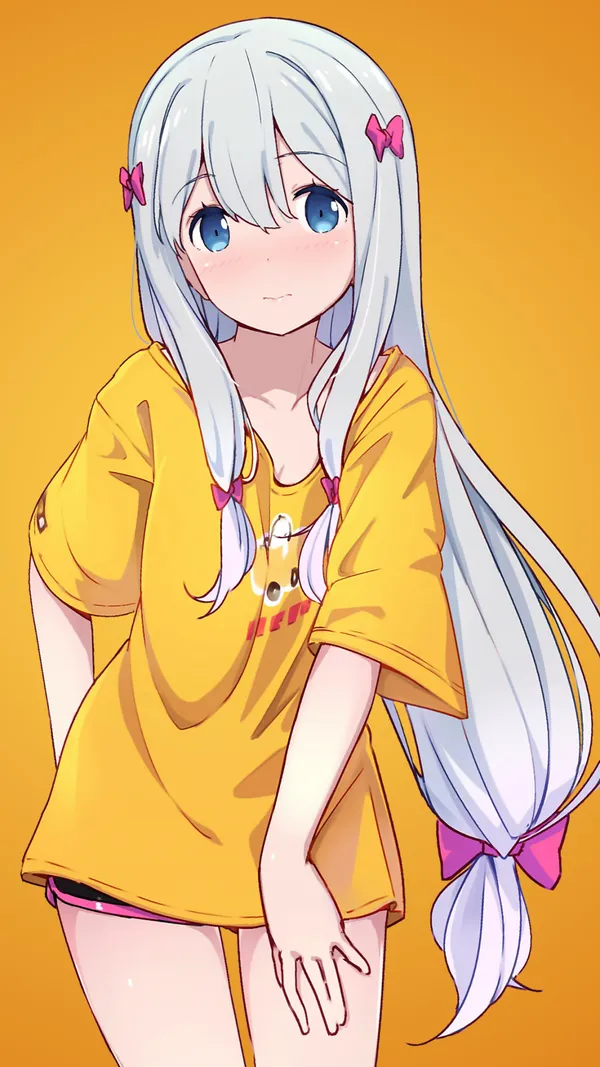 Anime girl with white hair and blue eyes wearing a yellow shirt