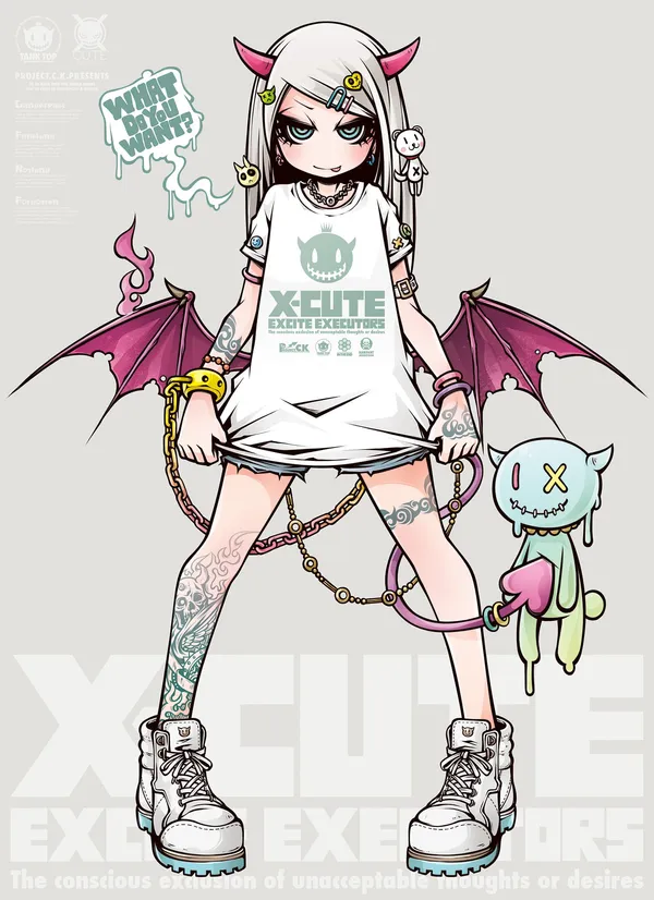 Anime girl with white hair and devil wings is posing