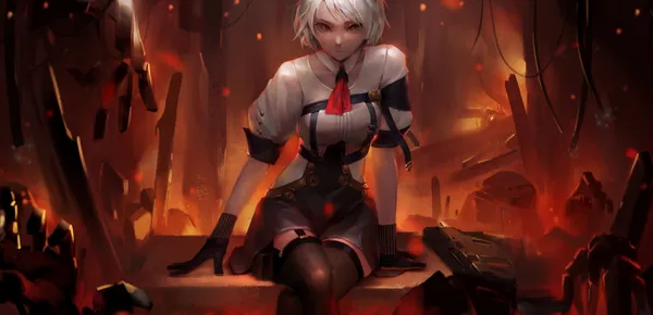 Anime girl with white hair and red eyes is sitting on a box in a