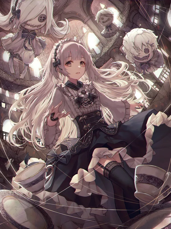 Anime girl with white hair and yellow eyes in a black and white dress surrounded