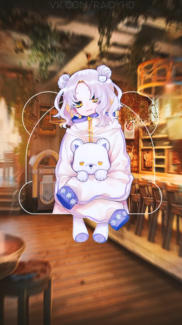 Anime girl with white hair and yellow eyes is sitting on a chair in a