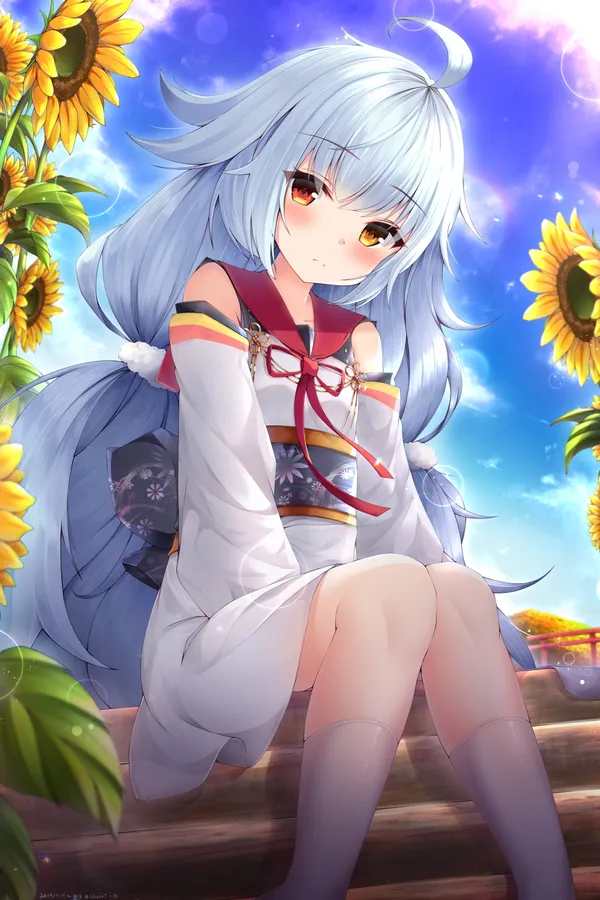 Anime girl with white hair and yellow eyes is sitting on a wooden railing in