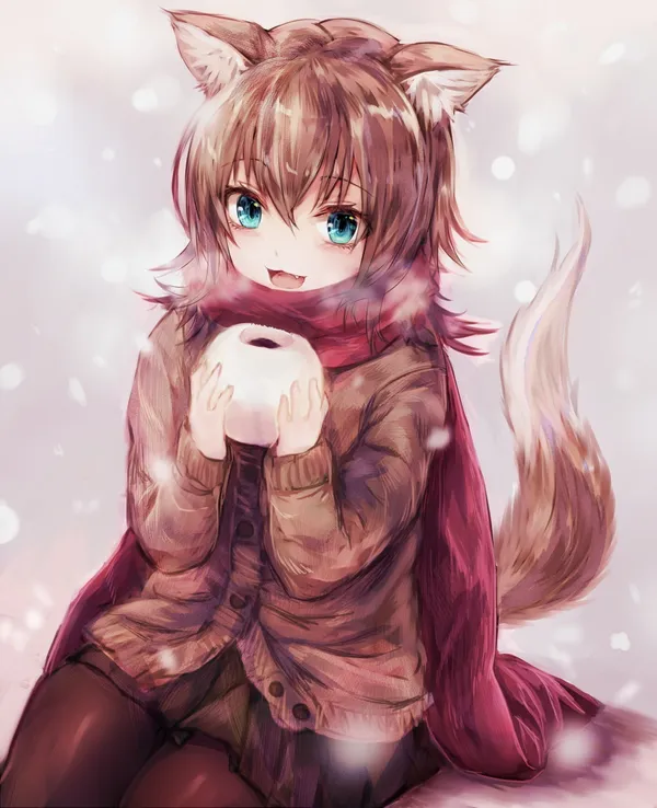 Anime girl with wolf ears and a scarf is holding a snowball