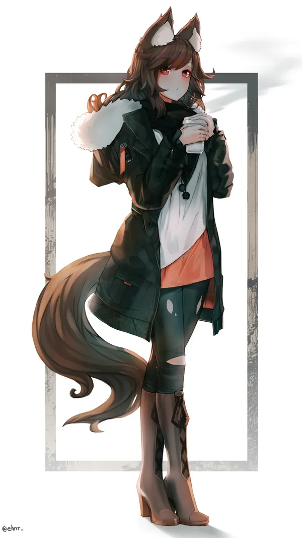 Anime girl with wolf ears is holding a coffee cup