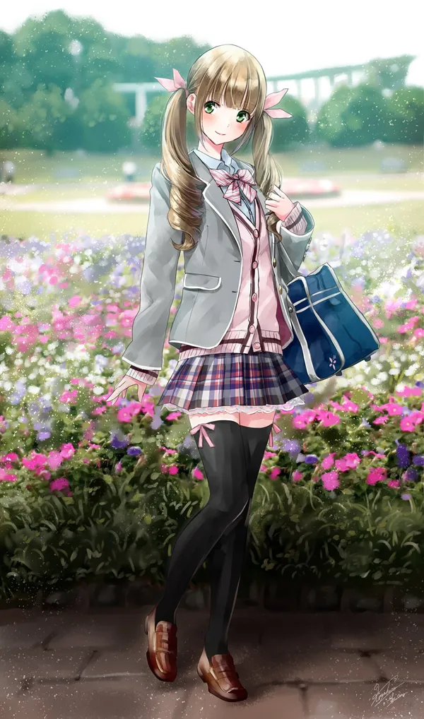Anime school girl with brown hair and green eyes is standing in a field of