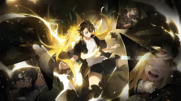Anime-style boy and girl with long blonde hair are in a golden-lit room