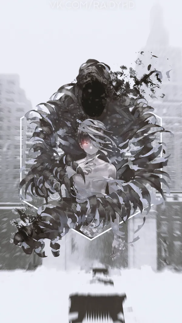 Anime-style boy with black and red eyes, surrounded by dark energy