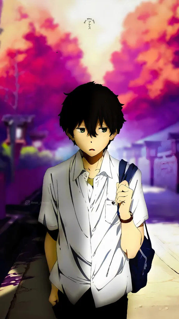 Anime-style boy with black hair and green eyes is walking down a street with a