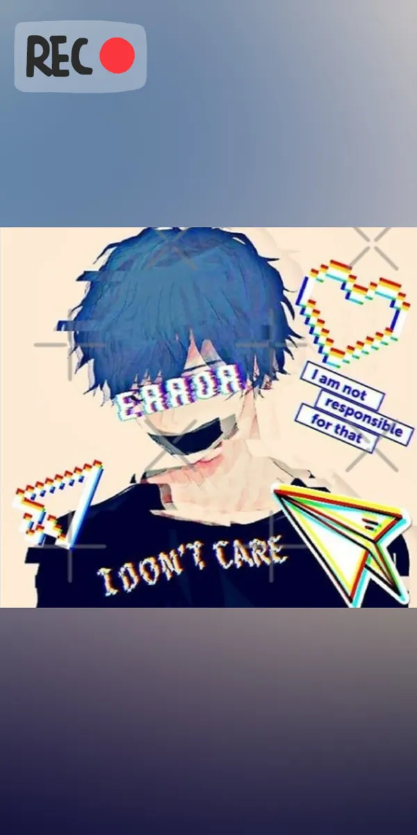 Anime-style boy with blue hair and black eyes with text reading: "I don't care" and