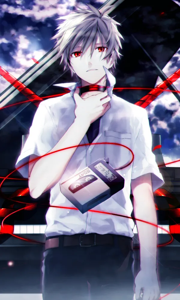 Anime-style boy with white hair and red eyes wearing a white shirt and black pants
