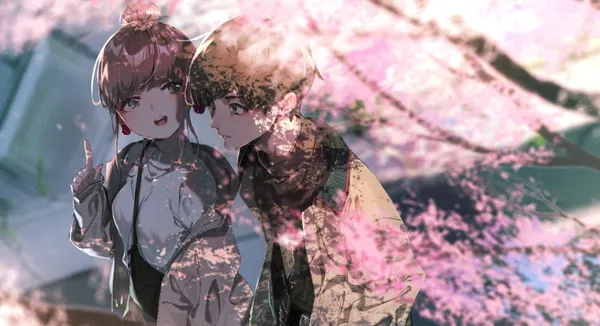 Anime-style drawing of a boy and girl under a cherry blossom tree