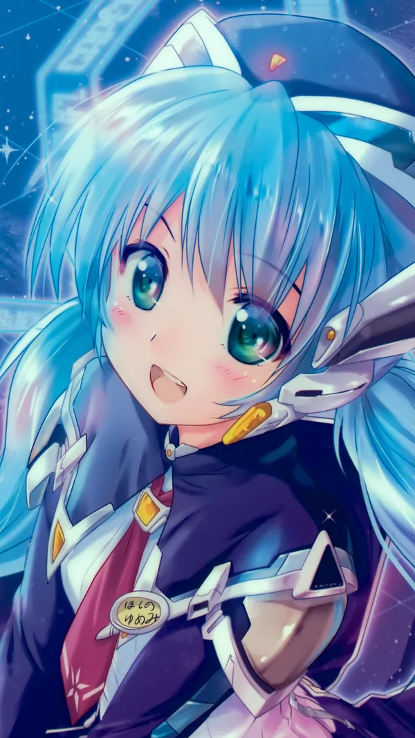 Anime-style drawing of a girl with blue hair and green eyes