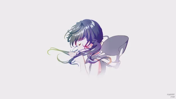 Anime-style drawing of a girl with blue hair and purple eyes