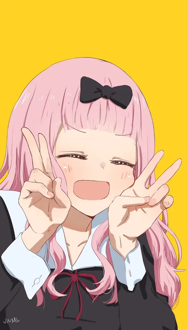 Anime-style drawing of a girl with pink hair and black bow making peace signs