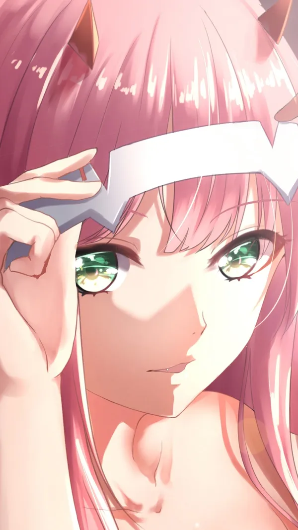 Anime-style drawing of a girl with pink hair and green eyes