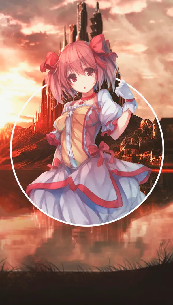 Anime-style drawing of a girl with pink hair in a white and red dress