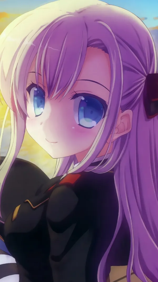 Anime-style drawing of a girl with purple hair and blue eyes
