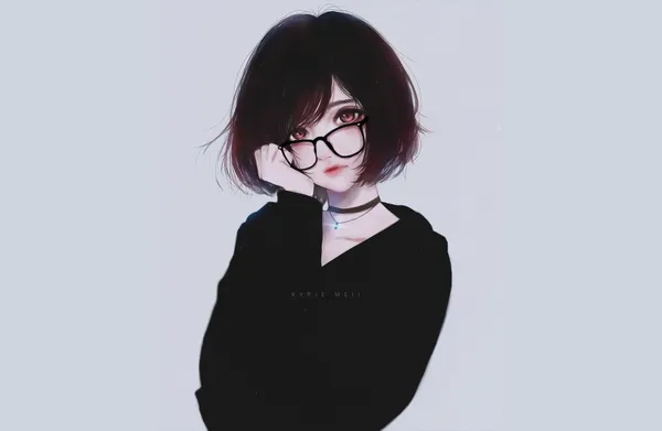 Anime-style drawing of a girl with short brown hair and glasses