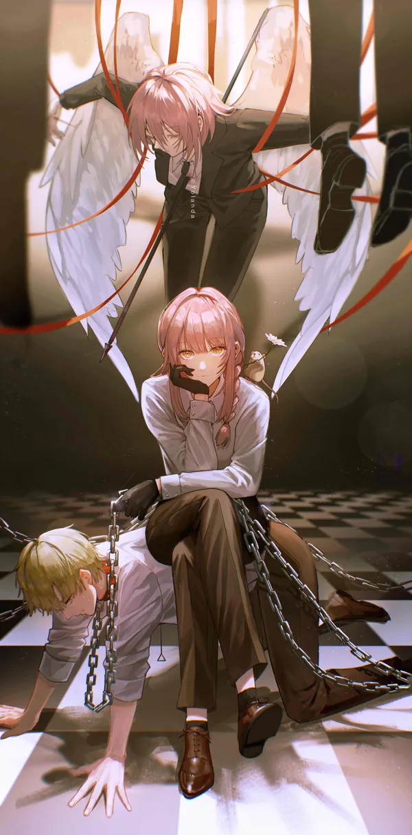Anime-style drawing of a man and woman with angel wings and another man kneeling on