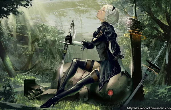 Anime-style drawing of a woman with a sword sitting on a robot