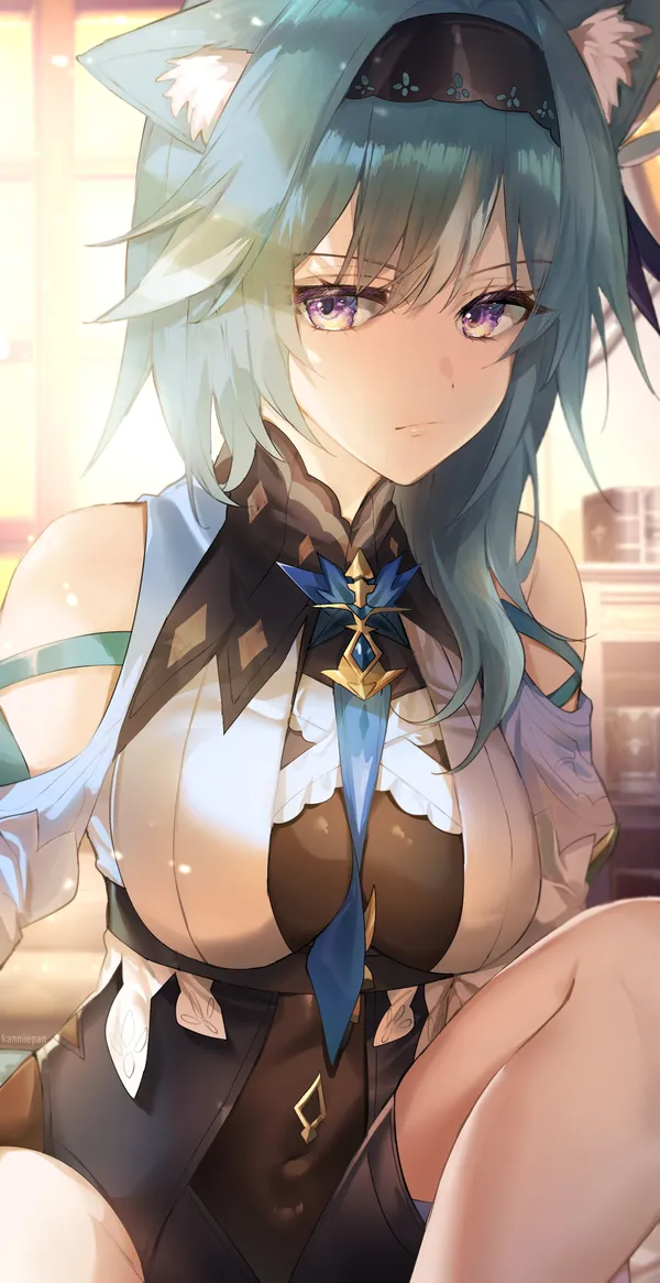 Anime-style drawing of a woman with cat ears and blue hair