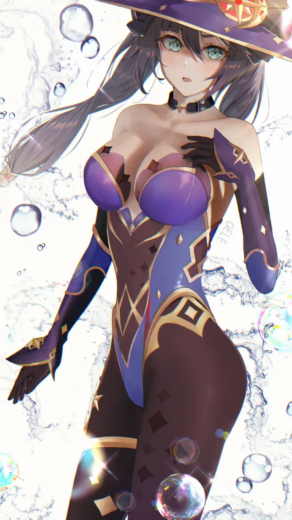 Anime-style drawing of a woman with purple hair and blue eyes wearing a purple and