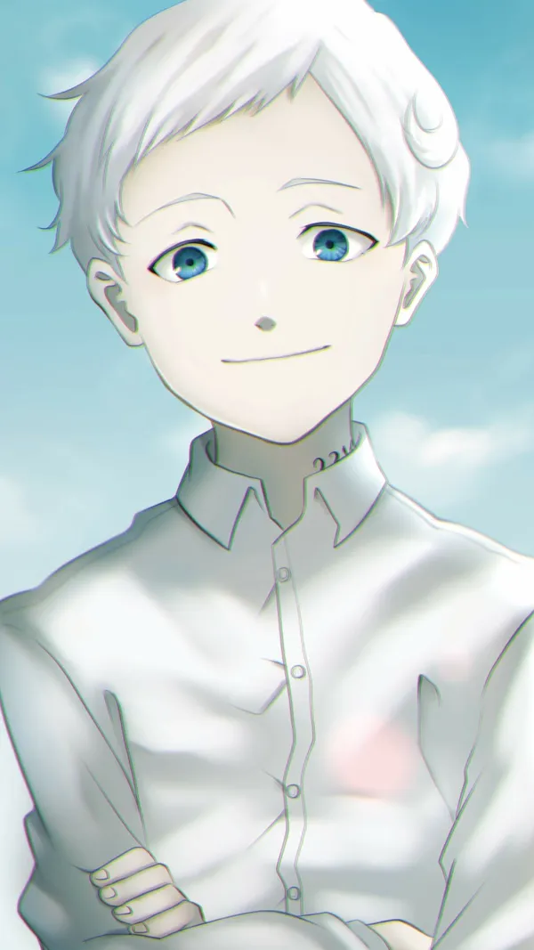Anime-style drawing of a young boy with white hair and blue eyes