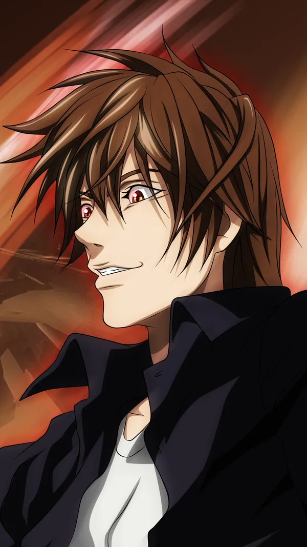 Anime-style drawing of a young man with red eyes and a lopsided grin