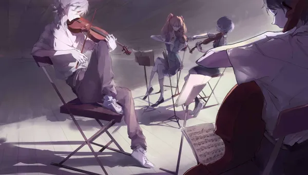 Anime-style drawing of four people playing musical instruments