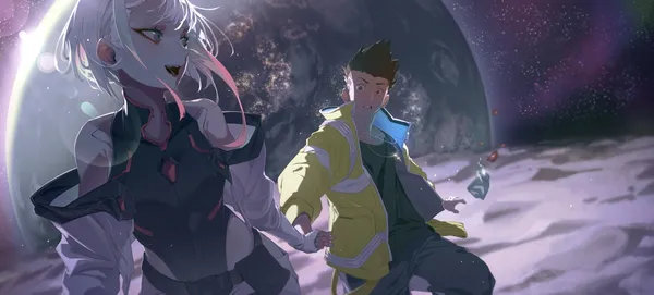Anime-style girl and boy are running through a starry, moonlit landscape holding hands