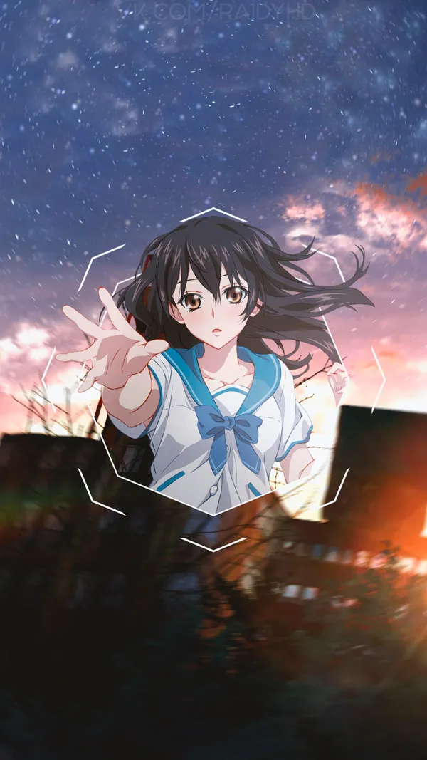 Anime-style girl reaching out from a hexagon frame
