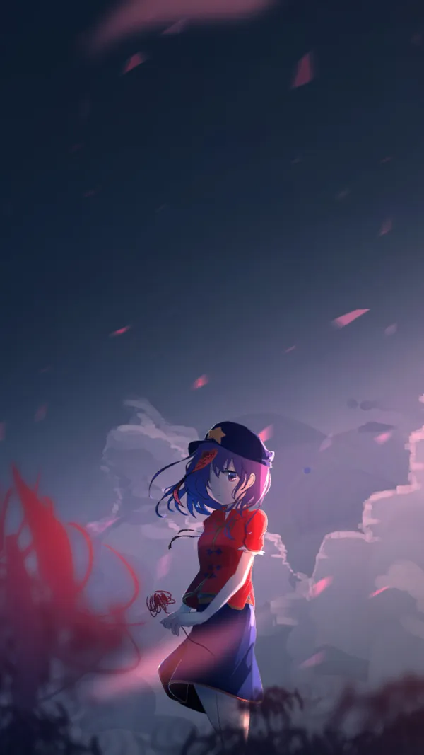 Anime style girl standing in a field at sunset