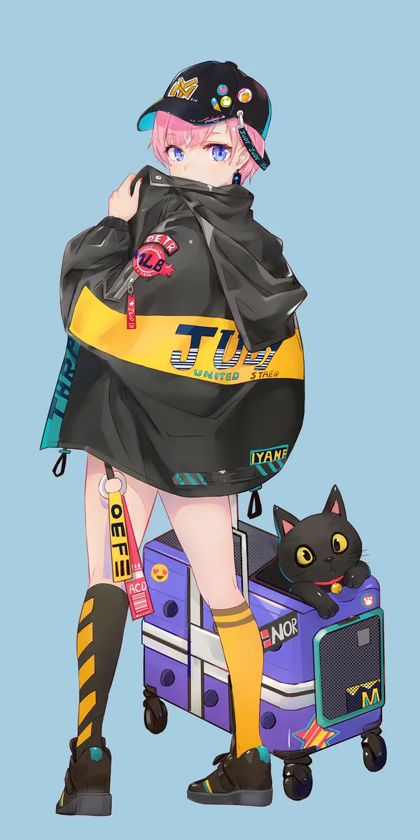 Anime style girl with a cat and a suitcase