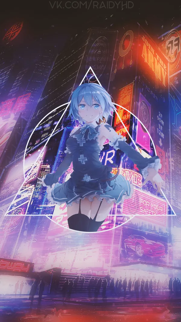 Anime-style girl with blue hair and a blue and white dress in a city at