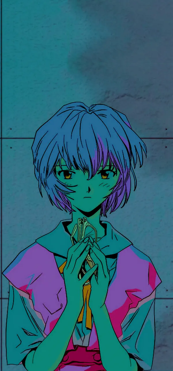 Anime-style girl with blue hair and yellow eyes holding glasses