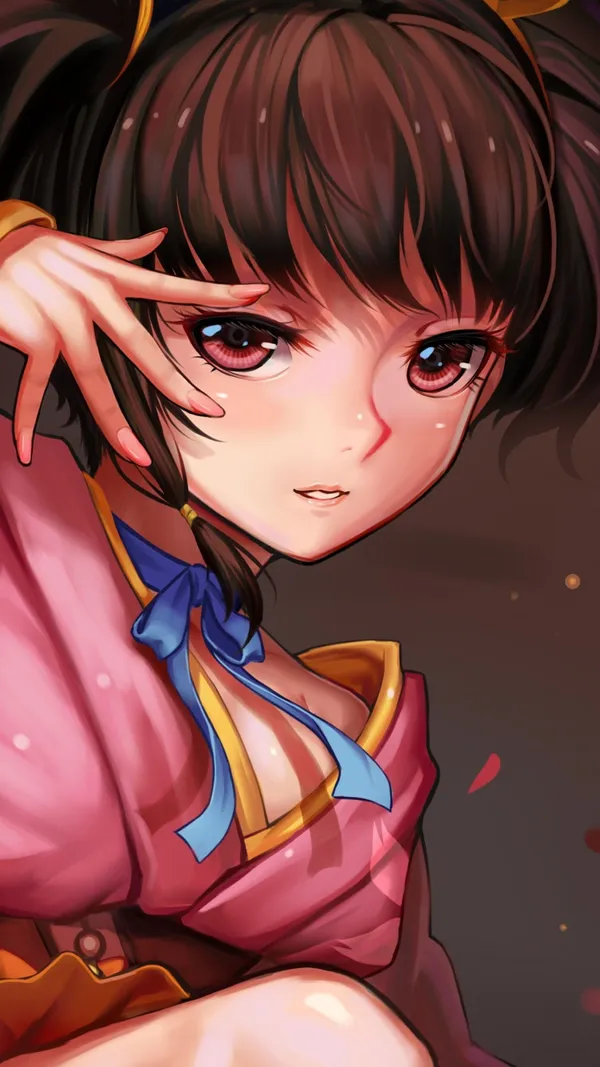 Anime-style girl with brown hair and red eyes wearing a pink kimono