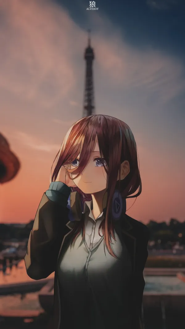 Anime-style girl with brown hair standing in front of the Eiffel Tower