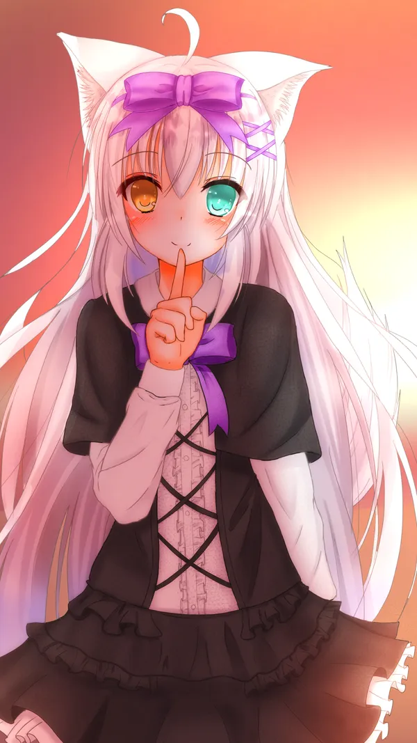 Anime-style girl with cat ears and a purple bow in her hair
