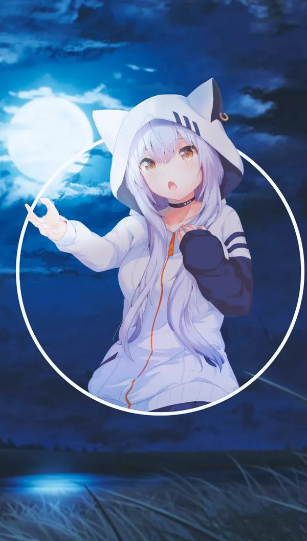 Anime-style girl with cat ears and a white hoodie is in the center of the