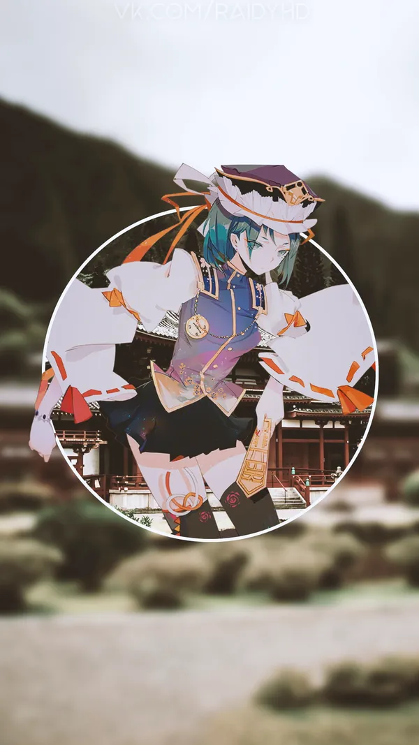 Anime-style girl with green hair and a purple hat stands in front of a blurred